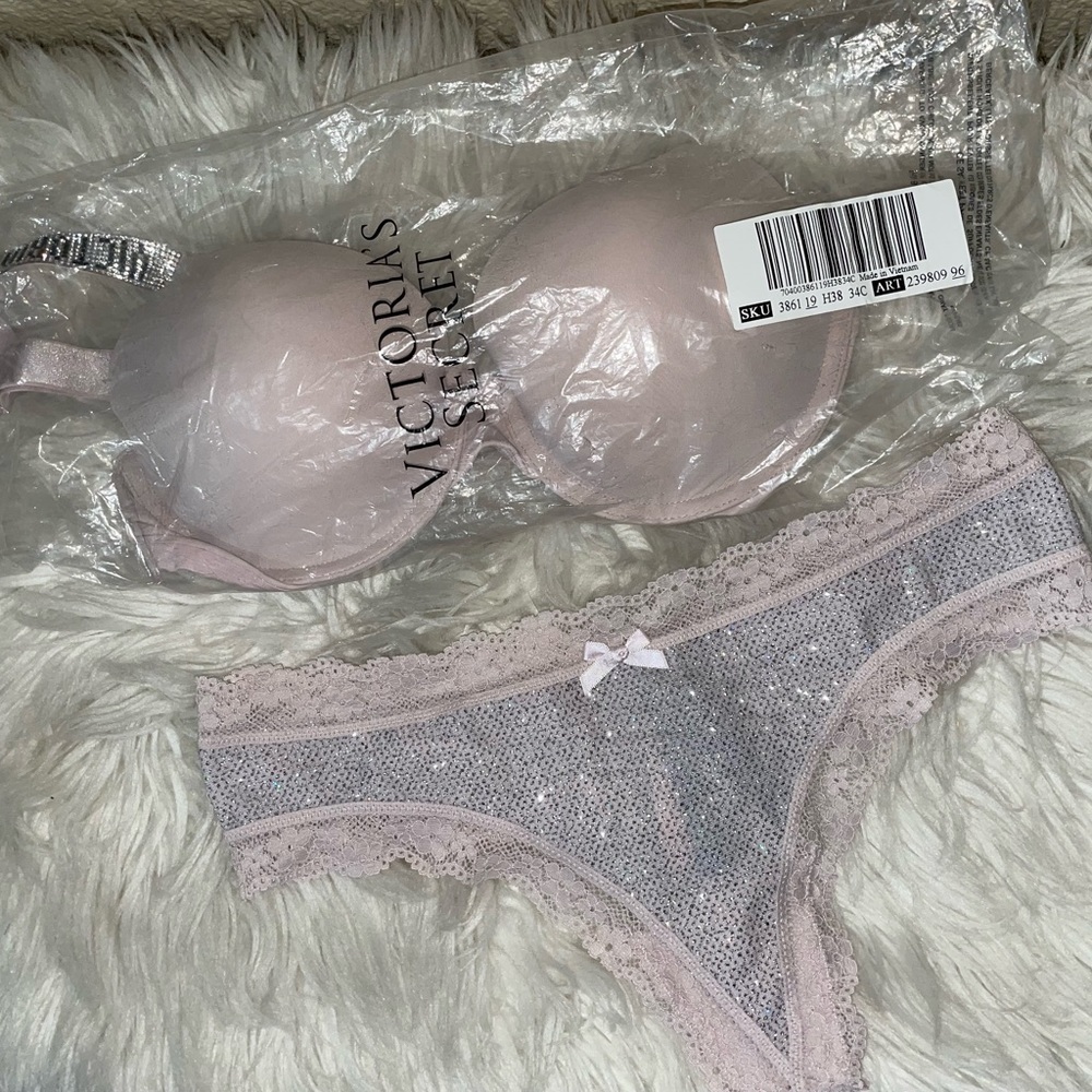 Victoria Secret Shine Strap Bra VS Taupe Shine Strap Rhinestone Panty Set 🆕 🪩 - Picture 13 of 13